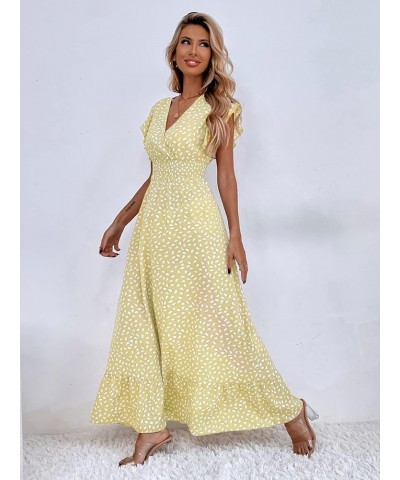 Women's Allover Print Ruffle Sleeve V Neck Ruffle Hem A Line Summer Maxi Dress Yellow $24.48 Dresses