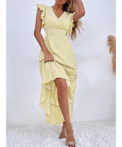 Women's Allover Print Ruffle Sleeve V Neck Ruffle Hem A Line Summer Maxi Dress Yellow $24.48 Dresses