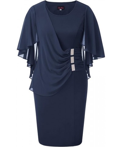 Women's Plus Size Chiffon Ruffle Flattering Cape Sleeve Bodycon Pencil Dress Cotton Navy Blue $21.31 Dresses