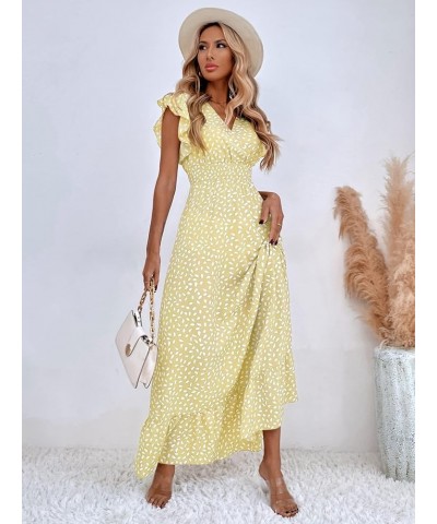 Women's Allover Print Ruffle Sleeve V Neck Ruffle Hem A Line Summer Maxi Dress Yellow $24.48 Dresses