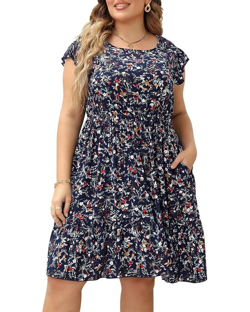 Dresses for Women, Plus Size Summer Casual Boho Floral Tiered Dress with Pocket 02 - Navy Blue Floral $17.10 Dresses