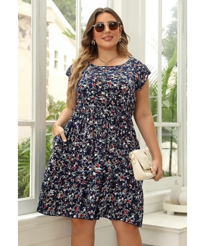 Dresses for Women, Plus Size Summer Casual Boho Floral Tiered Dress with Pocket 02 - Navy Blue Floral $17.10 Dresses