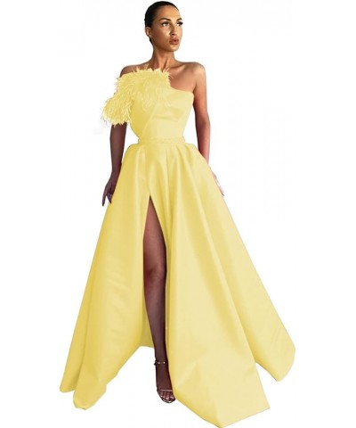 Strapless Satin Prom Dresses 2024 Ball Gown Feather Wedding Dress Aline Formal Evening Party Gowns with Split Yellow $39.48 D...