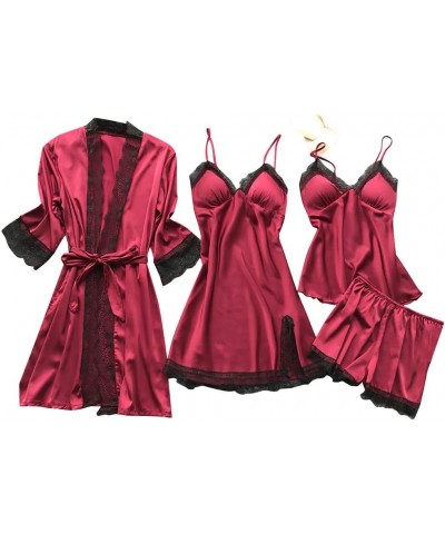 Sexy Pajama Set For Women Plus Size Comfy Silk Satin Lingerie Sets Classy 4 Piece Pjs Loungewear Lace Cute Sleepwear Womens P...