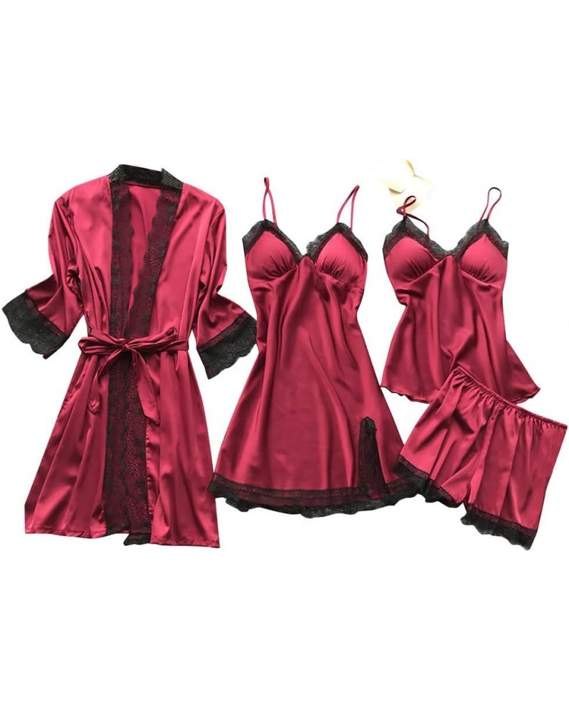 Sexy Pajama Set For Women Plus Size Comfy Silk Satin Lingerie Sets Classy 4 Piece Pjs Loungewear Lace Cute Sleepwear Womens P...