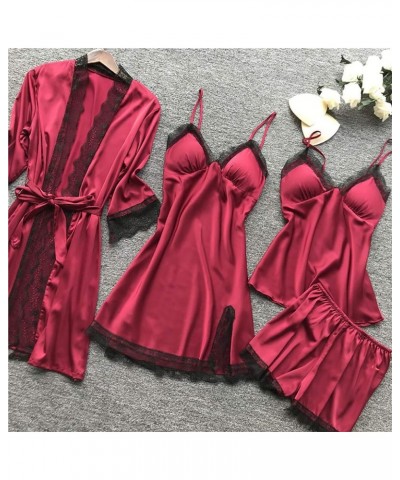 Sexy Pajama Set For Women Plus Size Comfy Silk Satin Lingerie Sets Classy 4 Piece Pjs Loungewear Lace Cute Sleepwear Womens P...