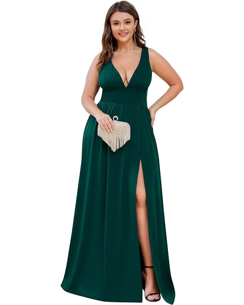 Plus Size Women's Deep V-Neck Pleated Side Slit Sleeveless Wedding Guest Dress with Stretchy 0168B-DM Dark Green $29.91 Dresses