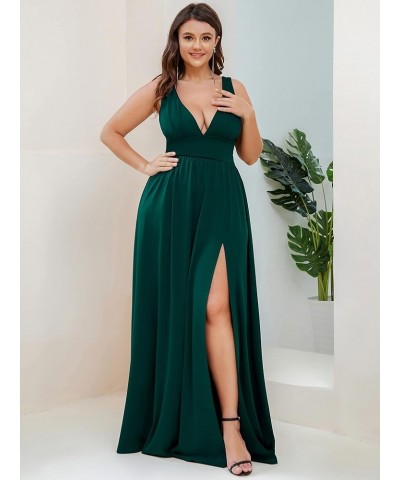 Plus Size Women's Deep V-Neck Pleated Side Slit Sleeveless Wedding Guest Dress with Stretchy 0168B-DM Dark Green $29.91 Dresses