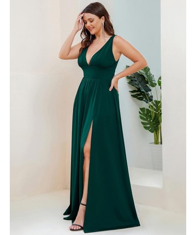 Plus Size Women's Deep V-Neck Pleated Side Slit Sleeveless Wedding Guest Dress with Stretchy 0168B-DM Dark Green $29.91 Dresses