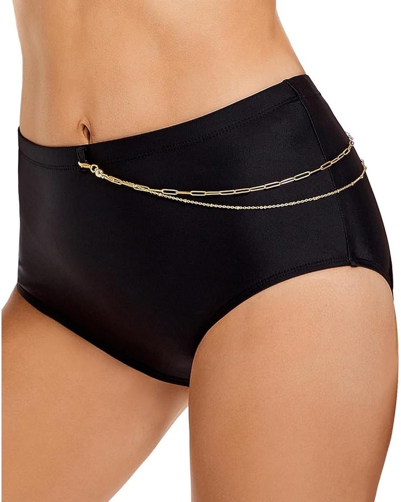 Womens Black Bikini Bottoms High Waisted Bathing Suit Full Coverage Swimsuit Shorts with Paperclip Chain L Black $8.95 Swimsuits