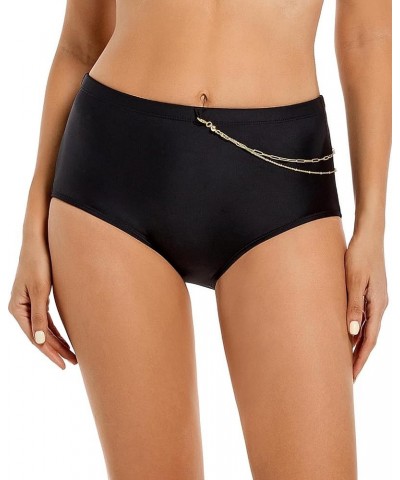 Womens Black Bikini Bottoms High Waisted Bathing Suit Full Coverage Swimsuit Shorts with Paperclip Chain L Black $8.95 Swimsuits