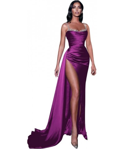 Mermaid Satin Prom Dresses for Women 2024 Cowl Neck Beaded Formal Evening Party Dress with Slit Plum $32.50 Dresses