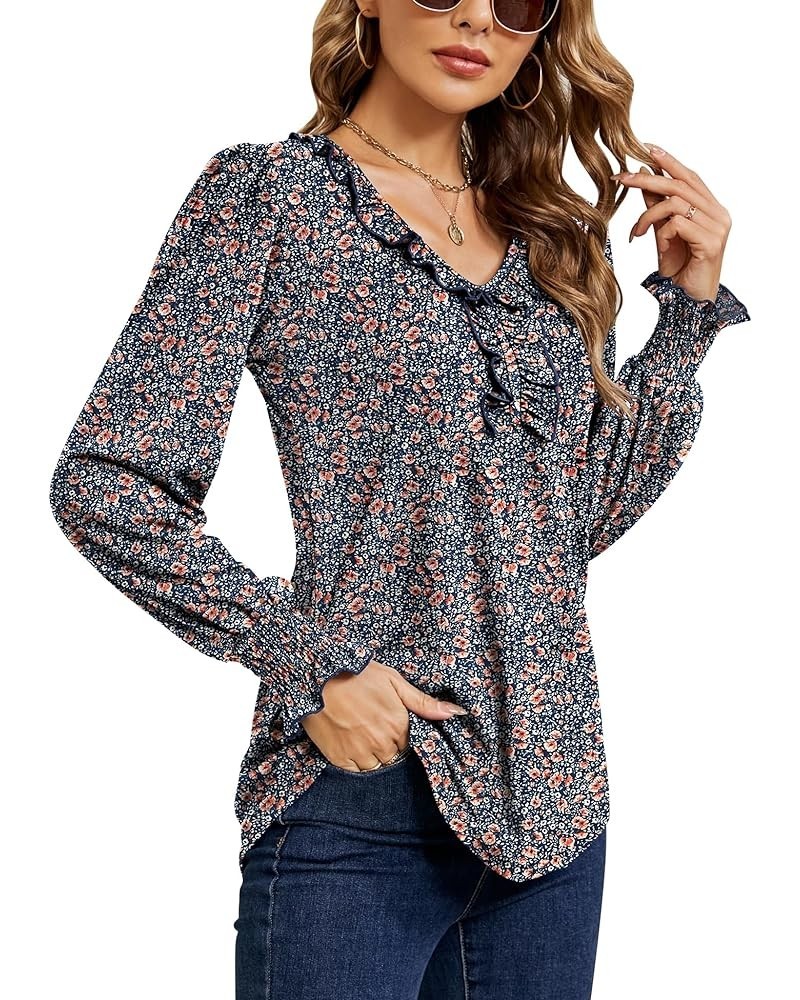 Women's Casual V Neck T Shirts Loose Summer 3/4 Bell Sleeve/Puff Long Sleeve Tops Ruffle Tunic Blouses Aa-blue Brown Floral $...