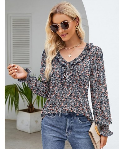 Women's Casual V Neck T Shirts Loose Summer 3/4 Bell Sleeve/Puff Long Sleeve Tops Ruffle Tunic Blouses Aa-blue Brown Floral $...