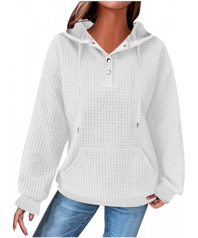 Hoodies For Women Casual Fashion Waffle Solid Color Drawstring Long Sleeve Crew Neck/Button hooded Pullover Sweatshirts 03whi...