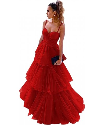 Women's Tulle Prom Dresses 2024 Ruffles Long Bow Spaghetti Straps A Line Corset Tiered Formal Evening Party Gowns Red $30.00 ...