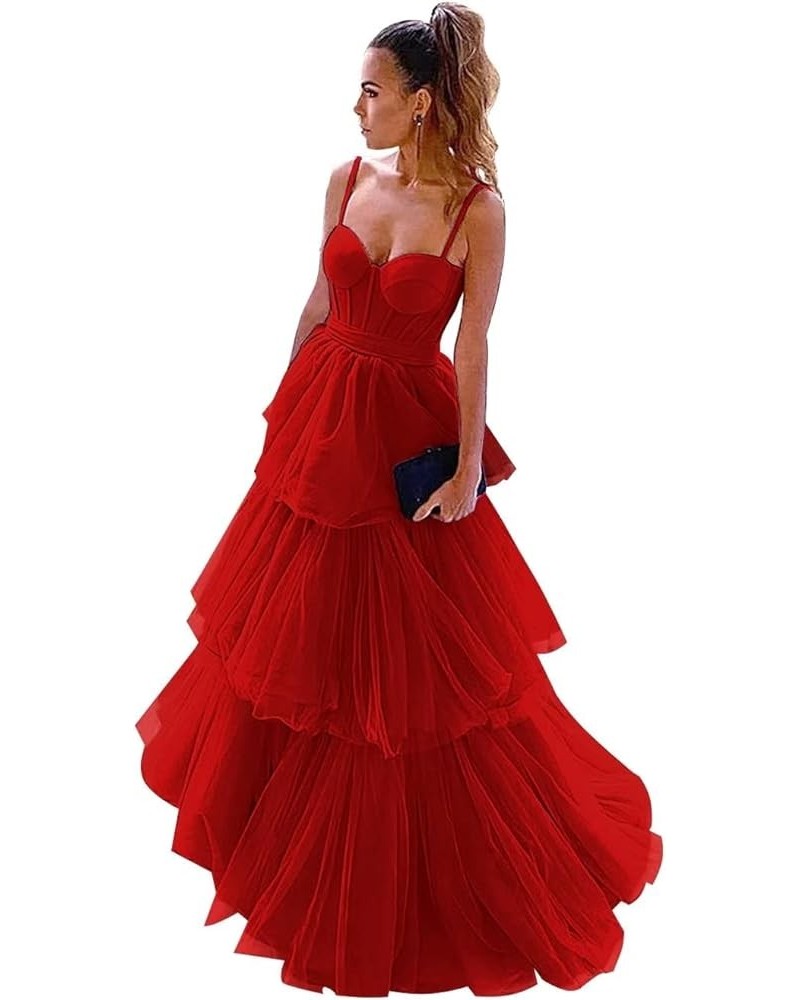 Women's Tulle Prom Dresses 2024 Ruffles Long Bow Spaghetti Straps A Line Corset Tiered Formal Evening Party Gowns Red $30.00 ...