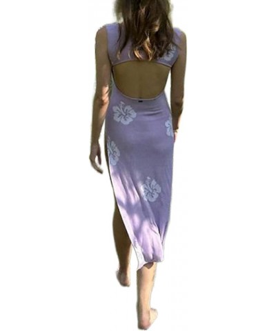 Women Crochet Knit Print Maxi Dress Hollow Out Halter Neck Long Dress Sexy Slim Fit Backless Going Out Beach Wear Purple 1 $1...