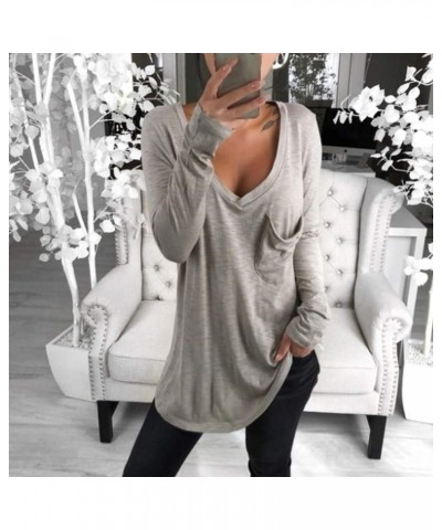 Women's Casual Deep V-Neck Pullover T-Shirt Loose Long Sleeve Tunic Tops Blouse with Chest-Pocket Gray $12.09 T-Shirts