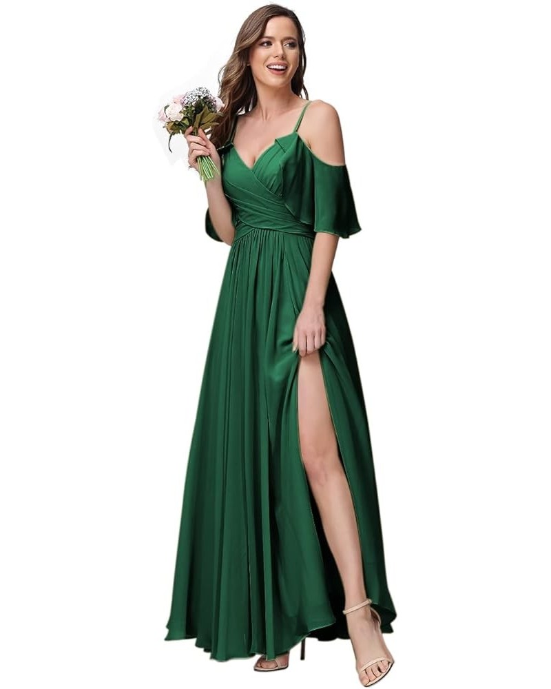 Women's Long Spaghetti Straps Bridesmaid Dress with Slit Off Shoulder Chiffon Formal Party Gowns MDPM128 Emerald Green $33.60...