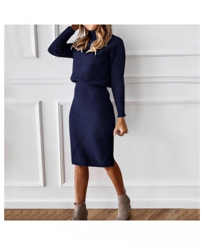 Skirt Sets Women 2 Piece Outfits Turtleneck Knitted Solid Pullover Sweater Stretchy High Waitst Midi Skirt Set S-3Xl 1a Navy ...