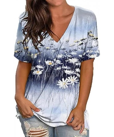 Womens 2023 Summer Casual T-Shirts V-Neck Petal Short Sleeve Tunic Tops Lightweight Loose Comfy Blouses Blue Daisy $8.60 Tops