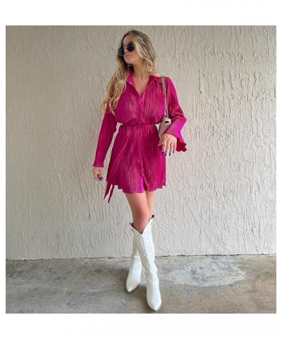 Women Sexy Mini Shirt Dress Pleated Button Down V Neck Collared Short Dress Print Lace Up Belted Tunic Blouse Dresses Blouse ...