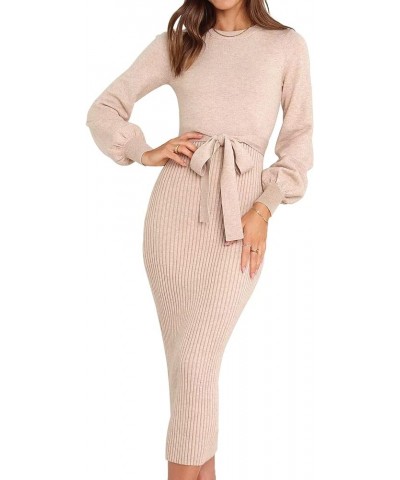 Womens 2024 Spring Sweater Dress Elegant Ribbed Knit Crewneck Long Puff Sleeve Bodycon Fall & Winter Midi Dress Light Khaki $...