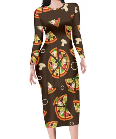 Cute Women's Sexy Bodycon Fitted Dress Long Sleeve Round Neck Work Office Midi Pencil Dress Pizza $14.70 Dresses