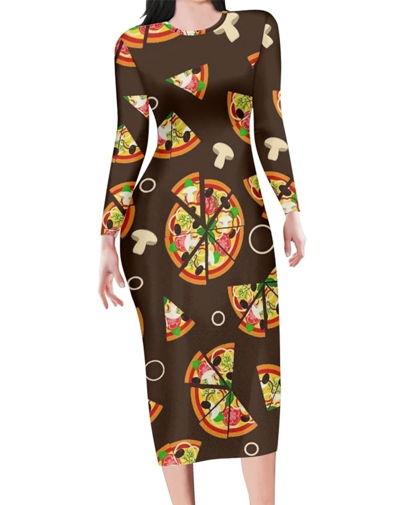 Cute Women's Sexy Bodycon Fitted Dress Long Sleeve Round Neck Work Office Midi Pencil Dress Pizza $14.70 Dresses