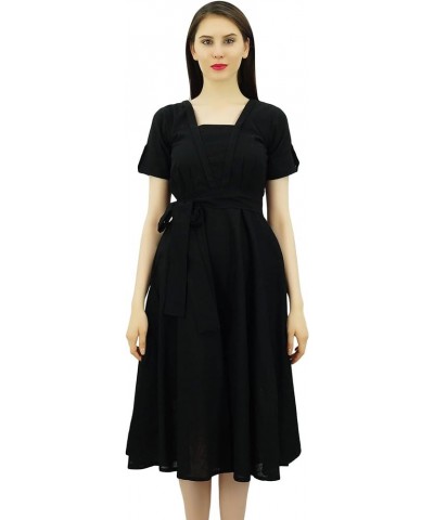 Women's Short Sleeve Linen Shift Dress with Belt Casual Dresses Black $17.20 Dresses