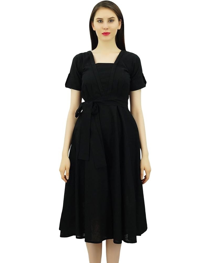 Women's Short Sleeve Linen Shift Dress with Belt Casual Dresses Black $17.20 Dresses