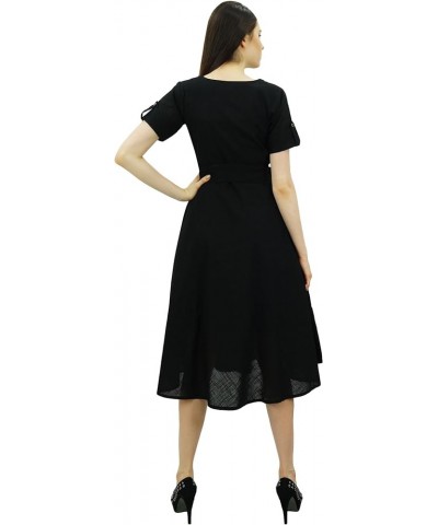 Women's Short Sleeve Linen Shift Dress with Belt Casual Dresses Black $17.20 Dresses