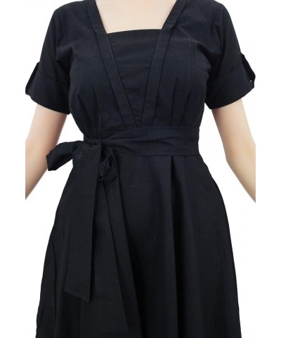 Women's Short Sleeve Linen Shift Dress with Belt Casual Dresses Black $17.20 Dresses