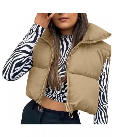 Womens Cropped Puffer Vest Zip Up Sleeveless Coat Warm Soft Casual Lapel Collar Jackets Khaki $10.79 Vests