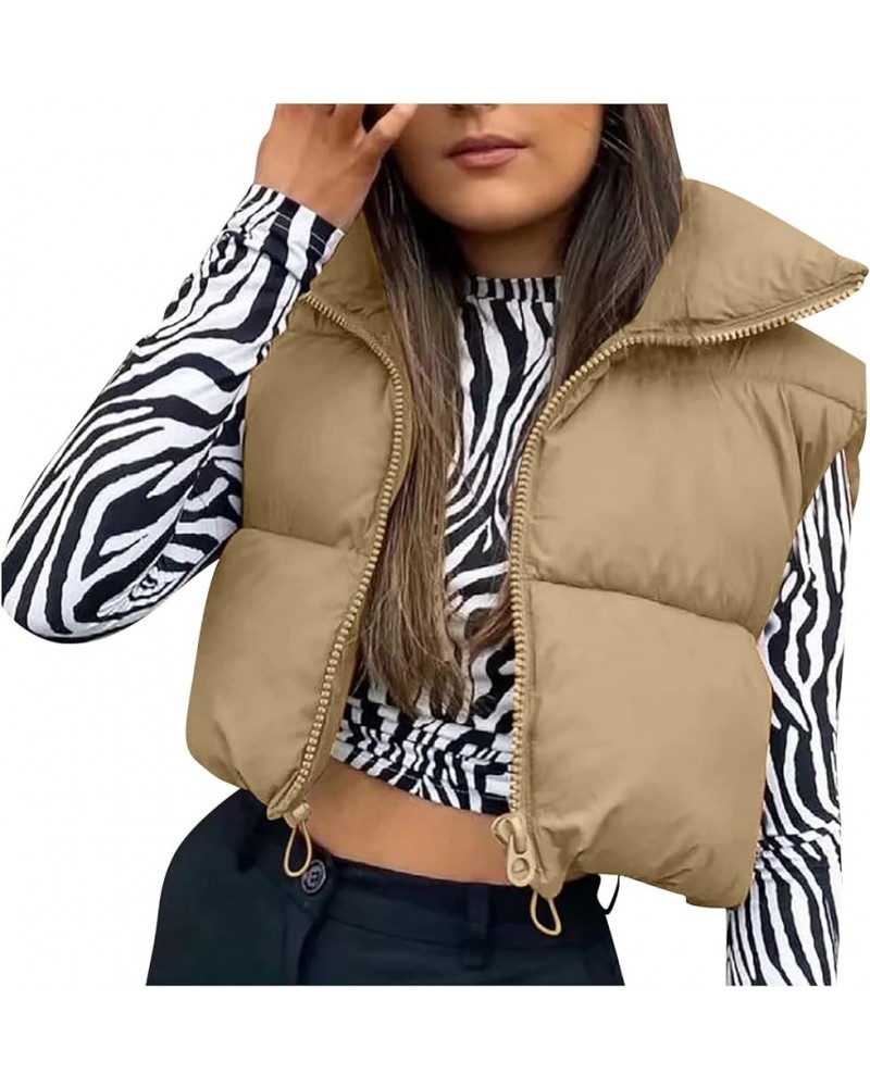 Womens Cropped Puffer Vest Zip Up Sleeveless Coat Warm Soft Casual Lapel Collar Jackets Khaki $10.79 Vests