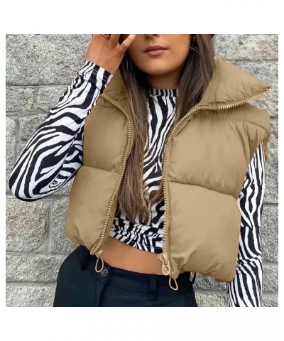 Womens Cropped Puffer Vest Zip Up Sleeveless Coat Warm Soft Casual Lapel Collar Jackets Khaki $10.79 Vests