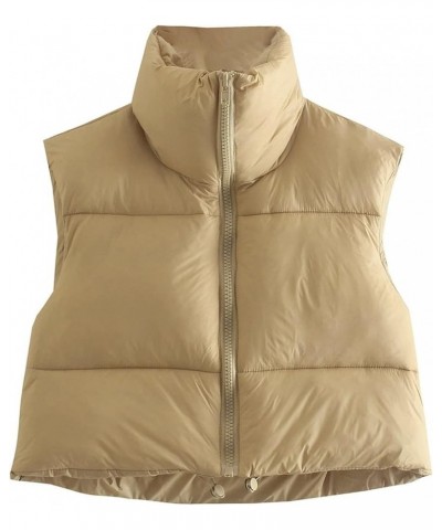 Womens Cropped Puffer Vest Zip Up Sleeveless Coat Warm Soft Casual Lapel Collar Jackets Khaki $10.79 Vests