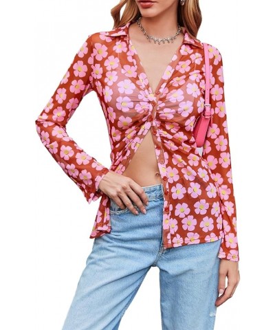 Women's Button Down Printed Shirts Sheer Mesh Slim Fit Collared Long Sleeves Blouses Lucky Shirtee Y2K Tops Red $15.04 Blouses