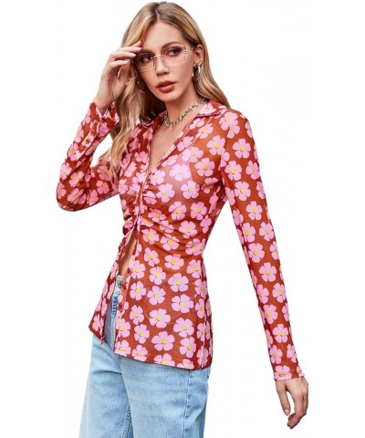 Women's Button Down Printed Shirts Sheer Mesh Slim Fit Collared Long Sleeves Blouses Lucky Shirtee Y2K Tops Red $15.04 Blouses