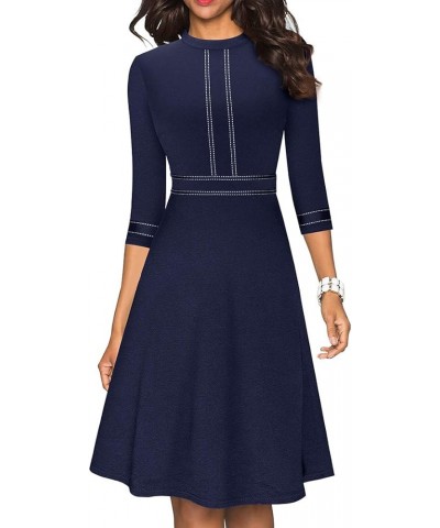 Women's Chic Crew Neck 3/4 Sleeve Party Homecoming Aline Dress A135 Dark Blue/Dark Blue Bands $21.08 Dresses