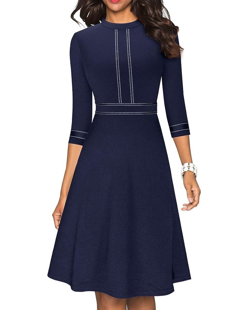 Women's Chic Crew Neck 3/4 Sleeve Party Homecoming Aline Dress A135 Dark Blue/Dark Blue Bands $21.08 Dresses