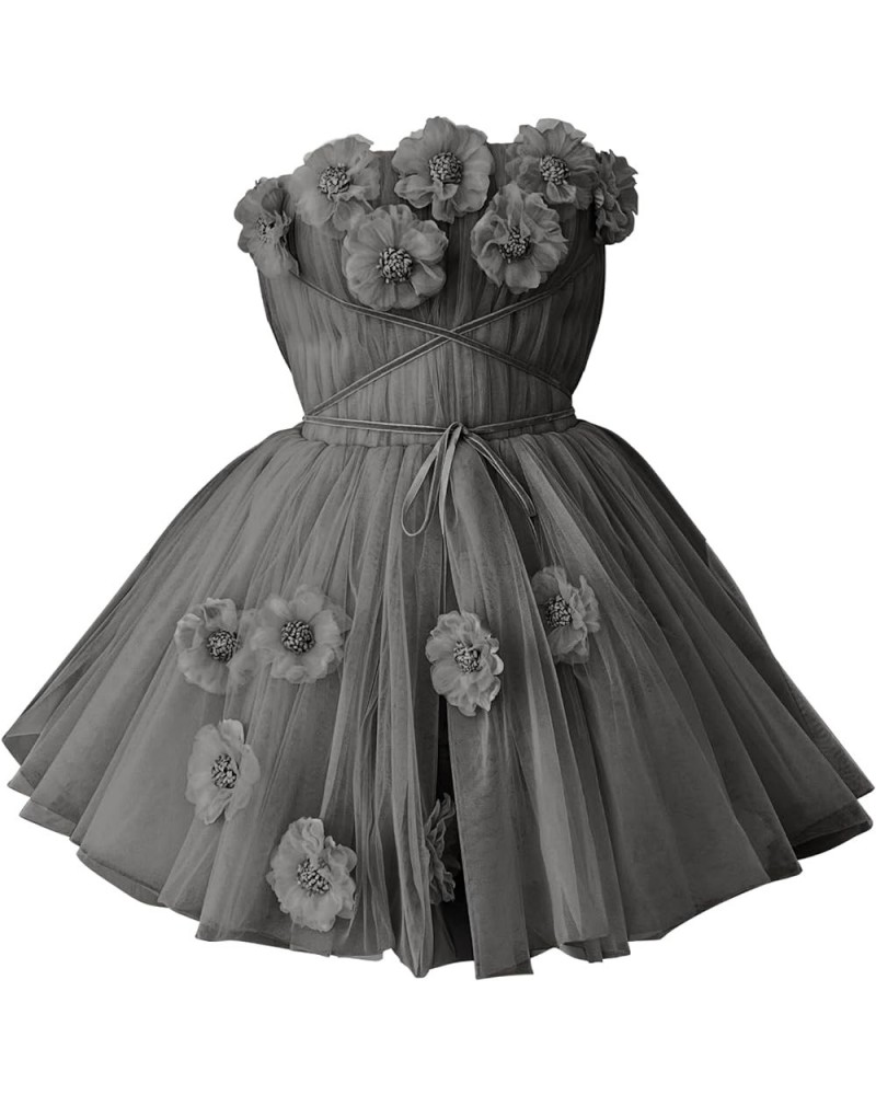 Strapless Tulle Short Homecoming Dresses for Teens Flowers A Line Cocktail Party Gowns Grey $40.49 Dresses