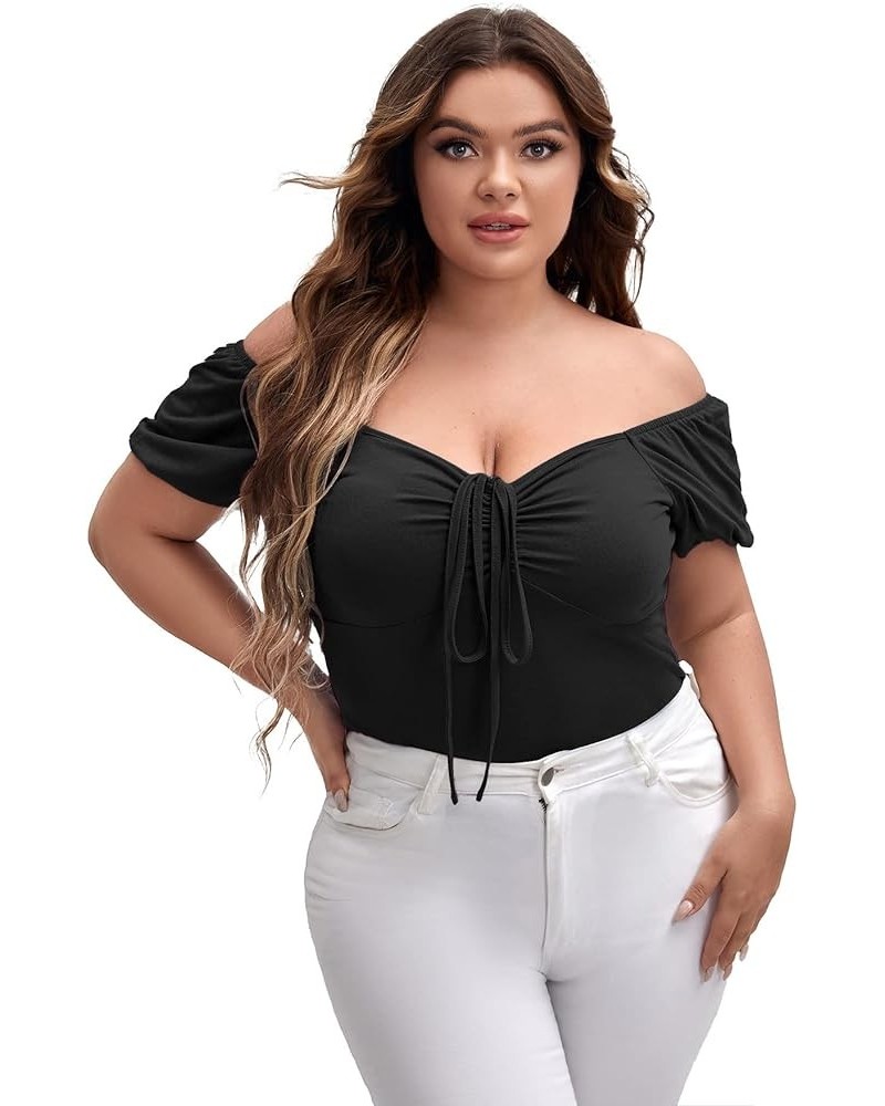 Women's Plus Off Shoulder Drawstring Ruched Front Short Sleeve Tee Top Black $10.25 T-Shirts