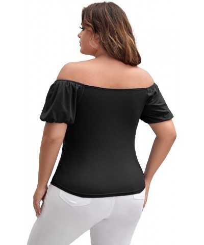 Women's Plus Off Shoulder Drawstring Ruched Front Short Sleeve Tee Top Black $10.25 T-Shirts