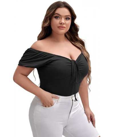 Women's Plus Off Shoulder Drawstring Ruched Front Short Sleeve Tee Top Black $10.25 T-Shirts