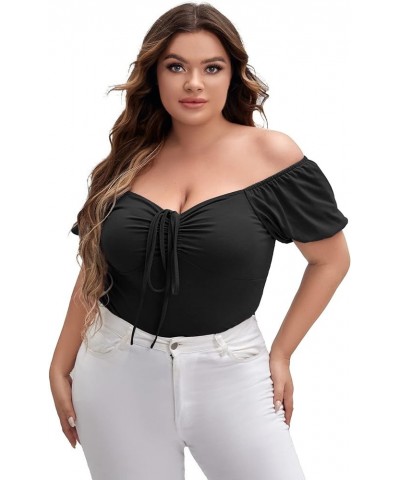 Women's Plus Off Shoulder Drawstring Ruched Front Short Sleeve Tee Top Black $10.25 T-Shirts