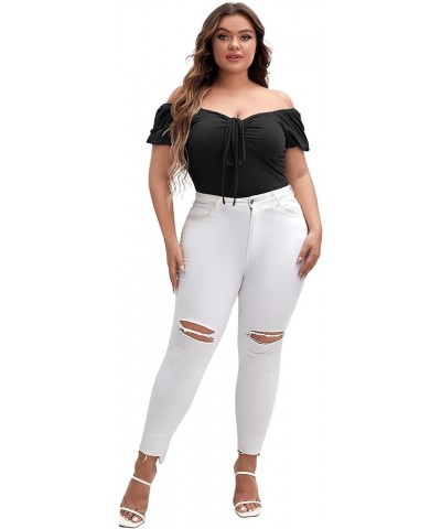 Women's Plus Off Shoulder Drawstring Ruched Front Short Sleeve Tee Top Black $10.25 T-Shirts