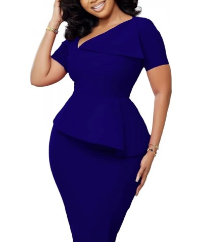 Women's V Neck Peplum Bodycon Dress Short Sleeve Formal Office Work Dress Cocktail Party Pencil Midi Dress Deep Blue $21.60 D...