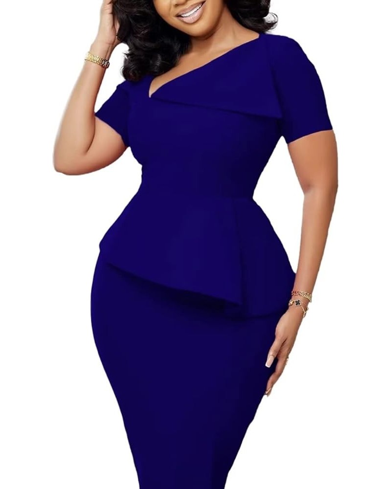 Women's V Neck Peplum Bodycon Dress Short Sleeve Formal Office Work Dress Cocktail Party Pencil Midi Dress Deep Blue $21.60 D...